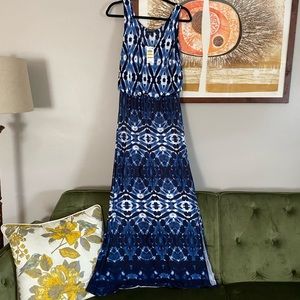 NWT INC blue ikat pattern maxi dress